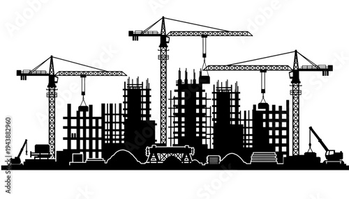 Crane silhouette illustration of a city construction site at night