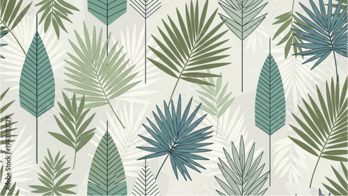 Various green palm leaves pattern on a white background illustration