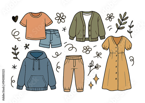 Casual clothing collection with t-shirt, shorts, cardigan, dress, hoodie, and pants