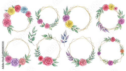 The image showcases a collection of eight floral wreaths on a white background.
