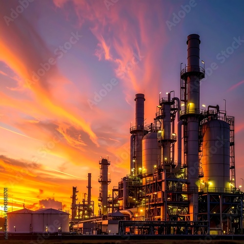 Industrial complex at sunset with vibrant sky