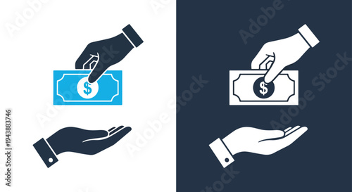 Business finance handshake money icon set vector - Blue icon set - Modern style icon  - Glyph and solid icon set - Icon vector - Minimalist, flat icon