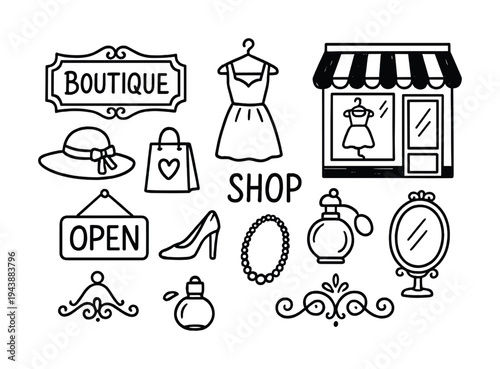 Fashion boutique elements: dress, accessories, perfume, shop icons