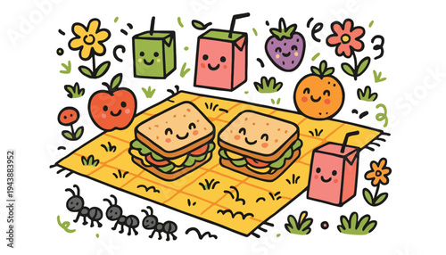 A colorful cartoon illustration of a picnic scene with sandwiches and fruits