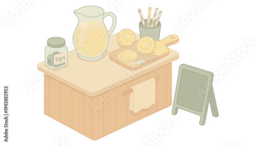 A kitchen island illustration with a pitcher of lemonade and tips