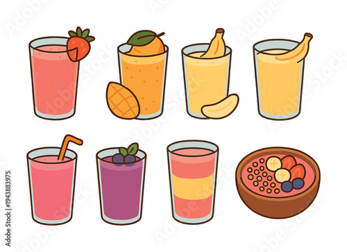 Colorful fruit smoothies and bowl with fresh ingredients