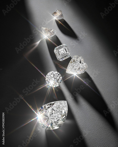 Spotlight Sparkle — Assorted Cut Diamonds,  Dramatic studio image of loose diamonds casting long shadows and starburst flares on a dark textured surface. Luxurious and modern.