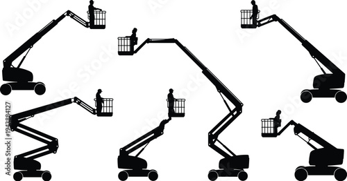 Boom lift silhouettes, aerial work platform safety flat vector construction illustration