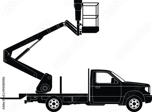 Bucket truck silhouette, aerial work platform utility lift flat vector illustration