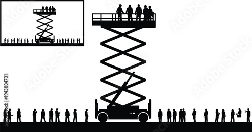 Flat vector silhouettes of scissor lift with workers and crowd illustration
