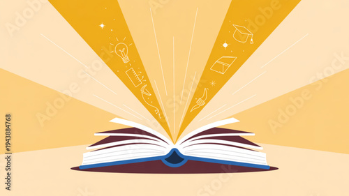 Open book with radiant beams and educational icons bursting out symbolizing knowledge and learning