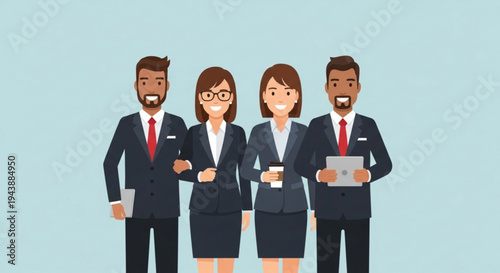 Four diverse business professionals standing together in formal attire with smiling faces on light blue background
