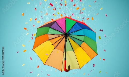 Vibrant overhead shot of an open, colorful umbrella raining down a shower of assorted bright candies and sprinkles, protecting from a 
