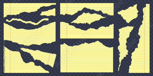 Yellow legal pad ripped paper for office. Textured vector notebook pieces of sheets. Torn edge striped realistic shapes. Collage set with strokes for banner design and templates.