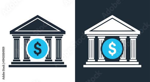 Bank Building Dollar Icon Set Vector Finance - Blue icon set - Modern style icon  - Glyph and solid icon set - Icon vector - Minimalist, flat icon