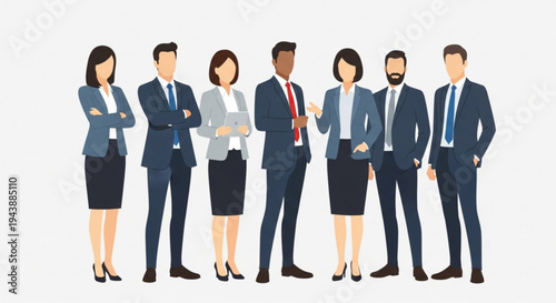 Diverse business team standing together in formal attire on gray background conveying unity and professionalism in corporate setting