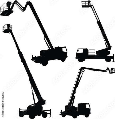 Flat vector silhouettes of aerial boom lifts construction equipment illustration