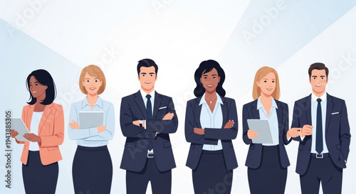 Diverse business team standing together in formal attire with laptops and tablets conveying professionalism and collaboration