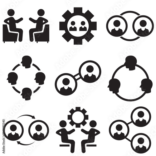 Human Interaction Icons .  Large set of human interaction line icons showing communication, teamwork, networking, conversation, meetings, and social relationships for UI design and infographics.