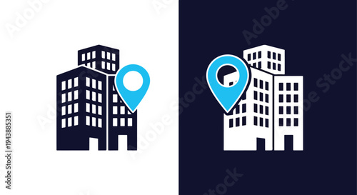 Location pin on modern city buildings icon set - Glyph solid icon - Editable modern style icon - Modern style icon - Blue icon set