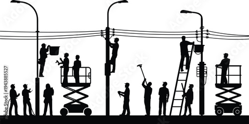Flat vector illustration of utility workers maintaining streetlights and power lines
