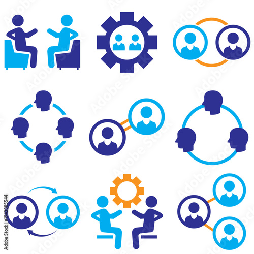 Human Interaction Icons .  Large set of human interaction line icons showing communication, teamwork, networking, conversation, meetings, and social relationships for UI design and infographics.