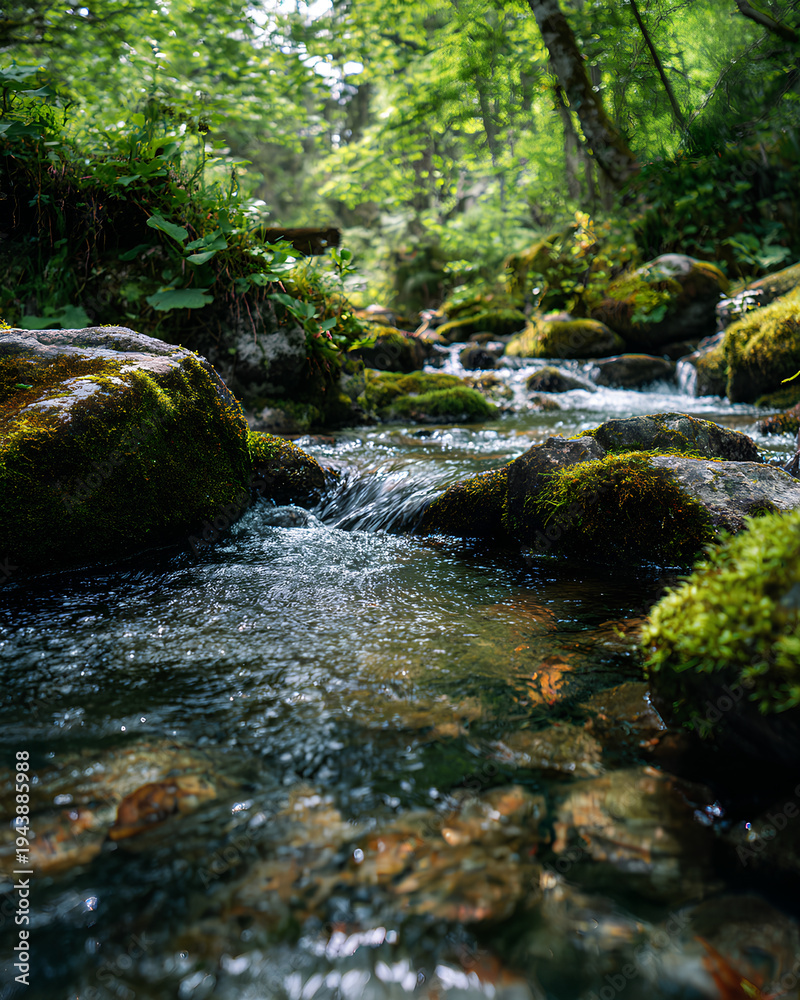 Obraz premium Fresh spring water flowing over mossy rocks in mountain stream pristine nature landscape concept