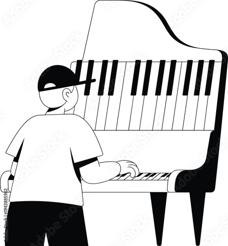 Flat vector illustration of person playing grand piano with baseball cap