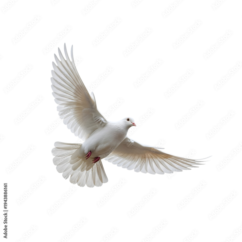 Obraz premium Elegant White Pigeon Mid-Air Soaring Detailed Feathers
