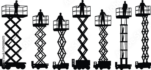 Aerial work platform silhouettes, scissor lift equipment flat vector construction illustration