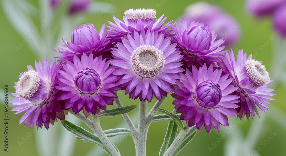 Obraz premium A close up shot of vibrant purple strawflowers with papery petals and a white center