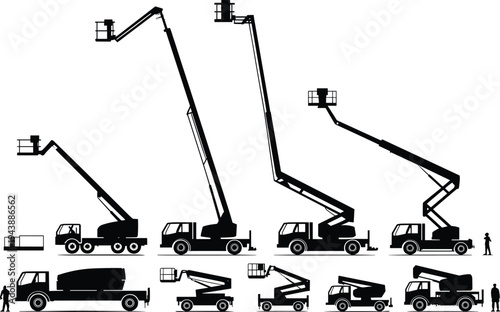 Aerial work platforms, boom lift trucks, utility maintenance equipment silhouettes, flat vector