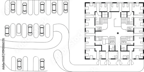 Building complex floor plan with parking lot, architectural blueprint design flat vector