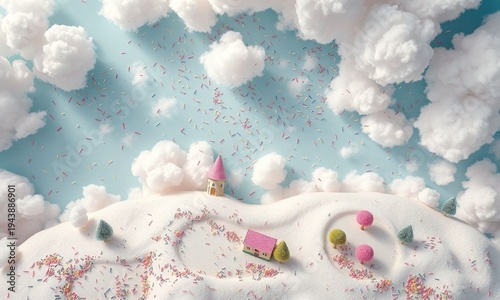 Overhead view of fluffy cotton candy clouds raining colorful sprinkles onto a pastel landscape, with whimsical objects below, creating a dreamlike, joyful scene for confectionery advertisements and