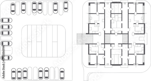 Residential building floor plan with parking lot, architectural blueprint design flat vector