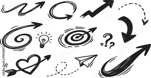 Set of hand drawn arrows and sketch symbols vector icons