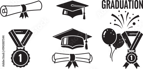 Graduation icons and symbols for celebration and achievement