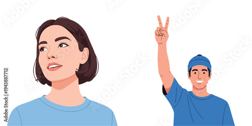 Woman looking up and man gesturing peace sign