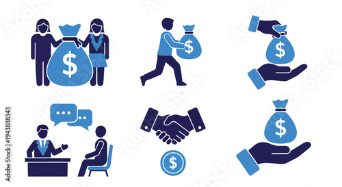 Business finance money icons vector set blue - Minimalist, flat icon, outline, glyph, linear, clipart, sticker - Blue icon set - Glyph icon