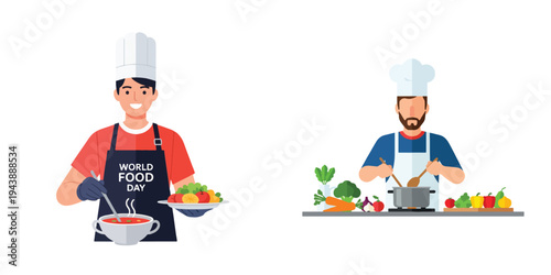 Chef cooking soup and serving food for World Food Day