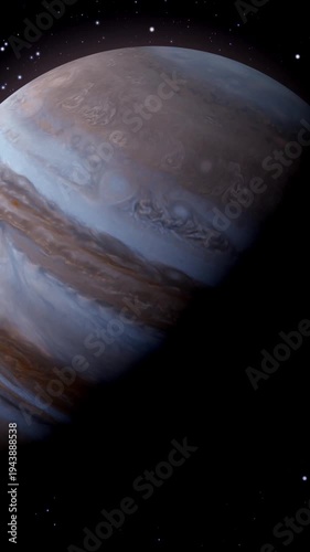 Majestic Jupiter Rotating Planet Atmospheric Detail 4 K Ultra H D Space Exploration Cosmic Clouds Swirling Gas Giant Brown White Blue Hues Celestial Body Astronomy Science Fiction Background