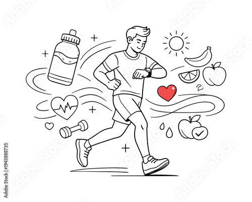 Healthy Lifestyle And Prevention. A person jogging while checking a smartwatch, floating heart icons, water