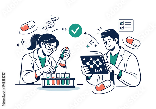 Laboratory Drug Testing. A researcher carefully pipetting liquid into test tubes while a colleague studies