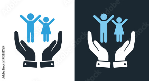 Family support vector icons set hands holding figures - Blue icon set - Modern style icon  - Glyph and solid icon set - Icon vector - Minimalist, flat icon
