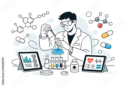 Drug Development Laboratory. A scientist carefully mixing chemicals in a flask while floating molecular