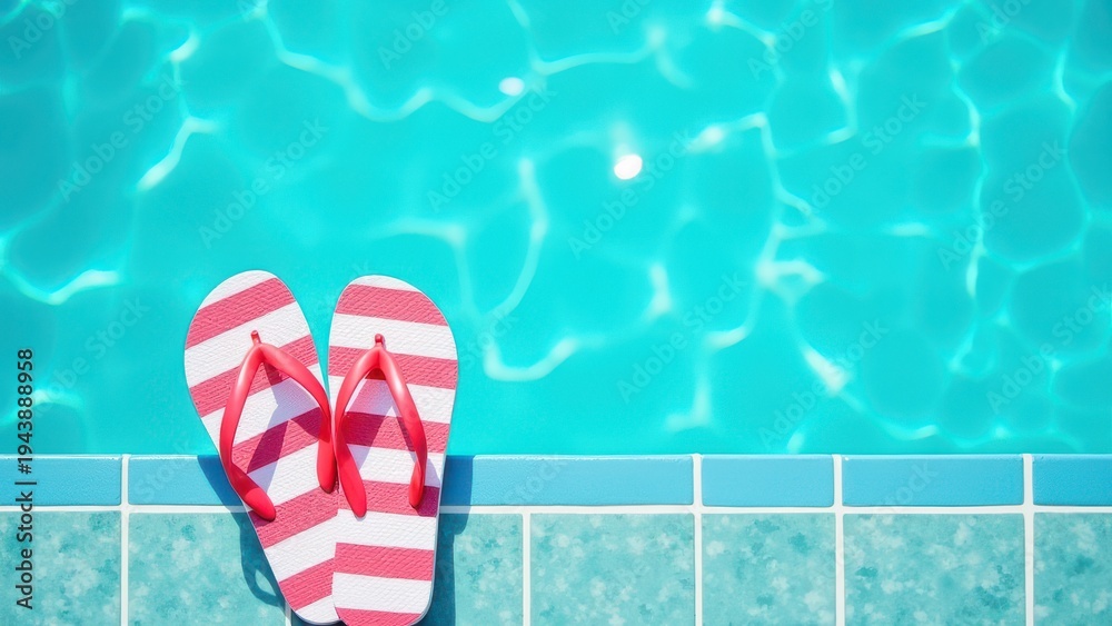 Naklejka premium red white and blue flip flops on swimming pool edge summer vacation banner with copy space concept of travel, leisure, beachwear