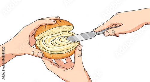 Hands spreading butter on bread.