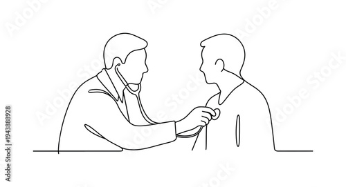 "Doctor Using Stethoscope". Minimalistic one-line drawing doctor listening to a patient with a stethoscope in