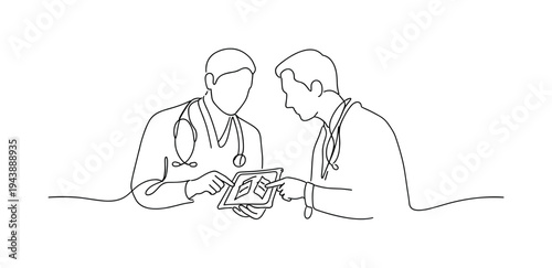 "Medical Team Consultation". Minimalistic one-line drawing two doctors discussing a patient’s medical scan on
