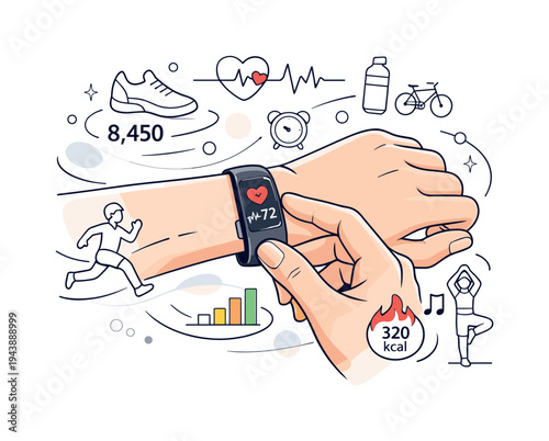 Smart Fitness Tracker. Hands adjusting a sleek fitness band while tiny step counters, heartbeat graphs and